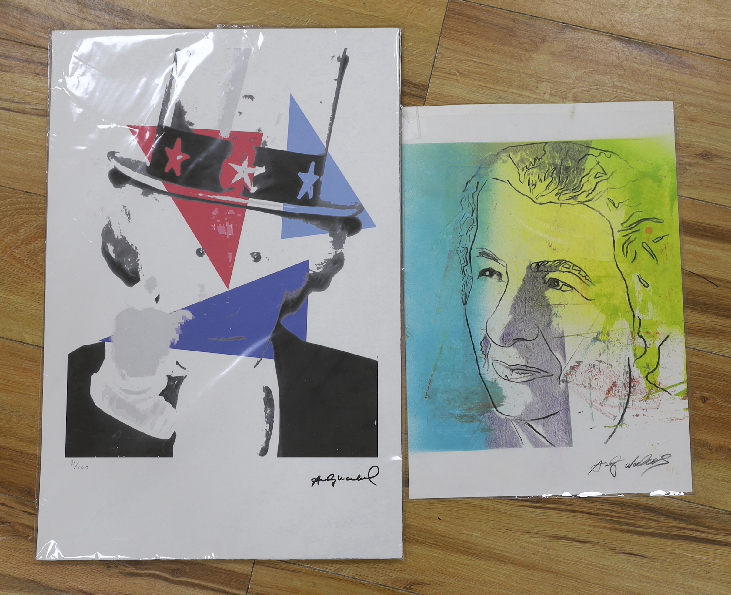 After Andy Warhol, pencil numbered colour lithograph, ‘Uncle Sam’ with Georges Israel Editeur, blind stamp and Arches France watermark, limited edition 81 of 100, Leo Castelli New York stamp verso, together with another,
